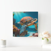 Serene 3D Sea Turtle im Ozean Tranquiles Meeresleb Quadratische Wanduhr (Zuhause)
