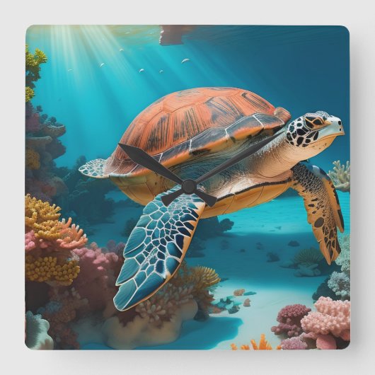 Serene 3D Sea Turtle im Ozean Tranquiles Meeresleb Quadratische Wanduhr (Vorderseite)