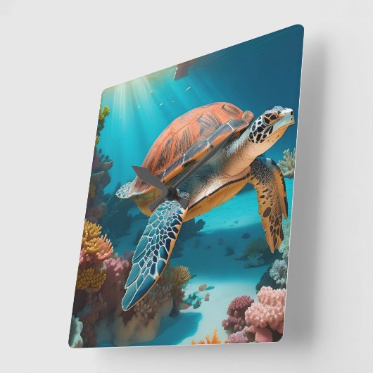 Serene 3D Sea Turtle im Ozean Tranquiles Meeresleb Quadratische Wanduhr (Winkel)