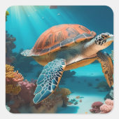 Serene 3D Sea Turtle im Ozean Tranquiles Meeresleb Quadratischer Aufkleber (Vorderseite)