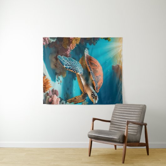Serene 3D Sea Turtle in Ocean - Tranquil Marine Li Wandteppich (Beispiel (Horizontal))