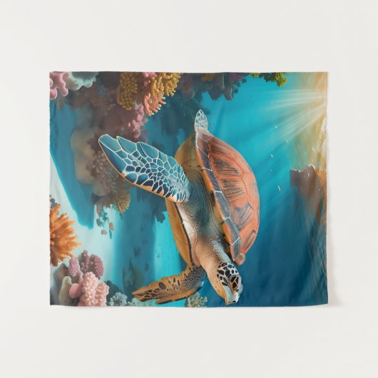 Serene 3D Sea Turtle in Ocean - Tranquil Marine Li Wandteppich (Vorderseite (Horizontal))