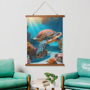 Serene 3D Sea Turtle in Ocean - Tranquil Marine Li Wandteppich Mit Holzrahmen