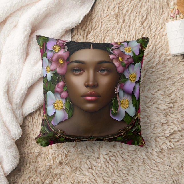 Serene afroamerikanische Frau mit Blume Kissen (Decke)