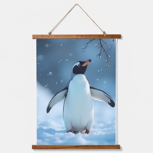 Serene Arctic Penguin Snow Scene Wandteppich Mit Holzrahmen (Vorderseite)