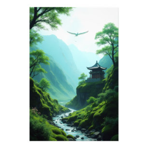 Serene Asian Mountain Valley mit Pagoda und Bird Fotodruck