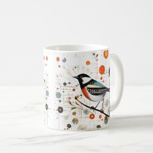 Serene Bird auf Zweig inmitten harmonischer Kreise Kaffeetasse (VorderseiteRechts)