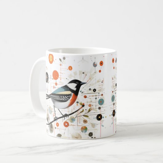 Serene Bird auf Zweig inmitten harmonischer Kreise Kaffeetasse (Vorderseite Links)