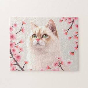 Serene Birman Cat Portrait mit Kirschblüten Puzzle