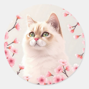 Serene Birman Cat Portrait mit Kirschblüten Runder Aufkleber