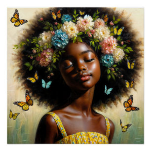 Serene Black Girl mit Afro und Blumenkrone Poster