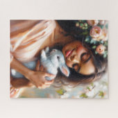 Serene Black Woman With Rabbit Floral Art Puzzle (Horizontal)