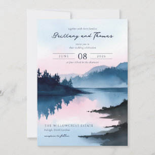 Serene Blaue Aquarell-Landschaft am See Einladung