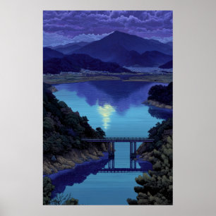 Serene Blaue Nacht Bergsee mit Brücke Kunst Poster