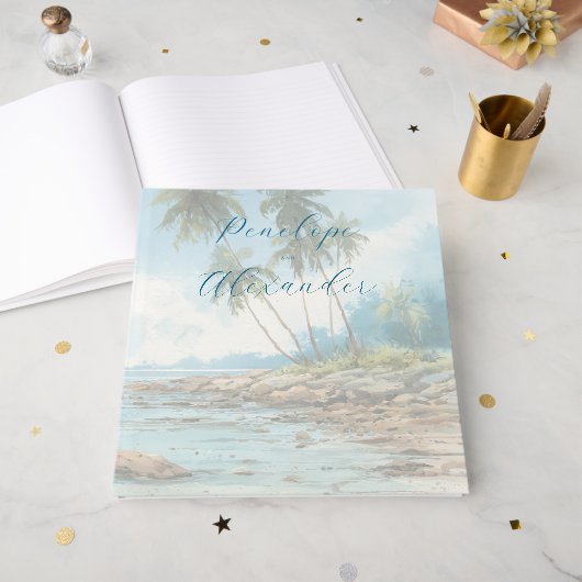 Serene Blaue Wasserfarben-Strandszene Gästebuch (Vorderseite offen)