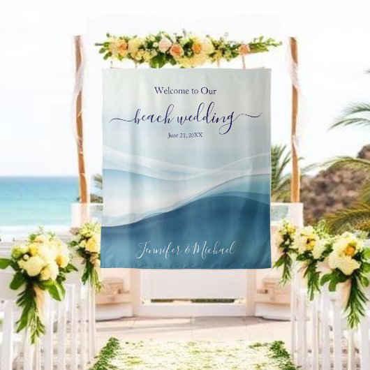 Serene Blue Beach Wedding Welcome Sign Wandteppich