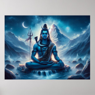 Serene Blue Cosmic Artwork Lord Shiva Meditation Poster