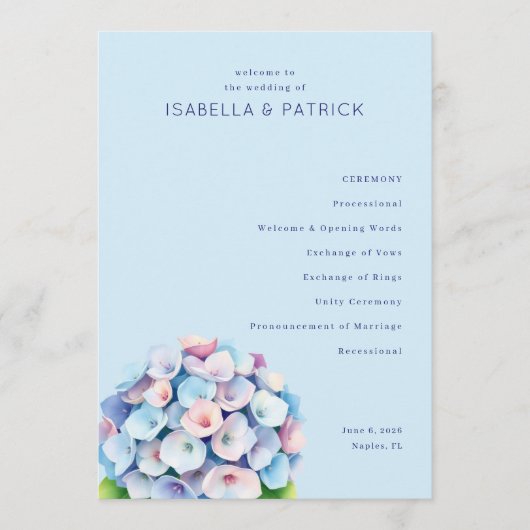 Serene Blue Floral Wedding Ceremony Programm (Vorderseite)