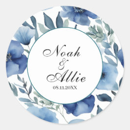 Serene Blue Floral Wedding Einladungen Runder Aufkleber