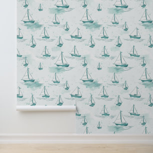 Serene Blue Green Sailing Boote Muster Tapete