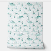 Serene Blue Green Small Segelboote Muster Tapete (Abrollen)