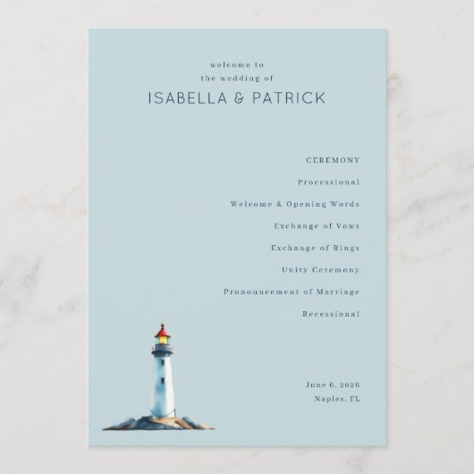 Serene Blue Lighthouse Wedding Ceremony Programm (Vorderseite)