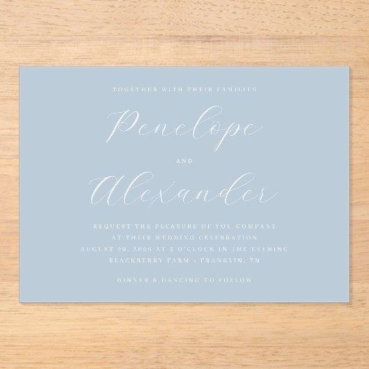 Serene Blue Minimalist Wedding Invitation Acryleinladungen (Vorderseite)