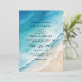 Serene Blue Ozean Strand Budget QR-Code Hochzeit Einladung (Stehend Vorderseite)