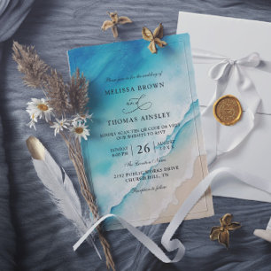Serene Blue Ozean Strand Budget QR-Code Hochzeit Einladung