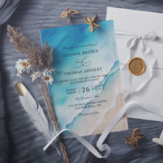 Serene Blue Ozean Strand Budget QR-Code Hochzeit Einladung