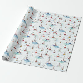 Serene Blue Red Sailing Boote auf Sea Pattern Geschenkpapier