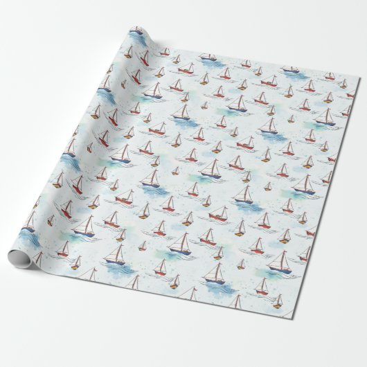 Serene Blue Red Sailing Boote auf Sea Pattern Geschenkpapier (Ungerollt)