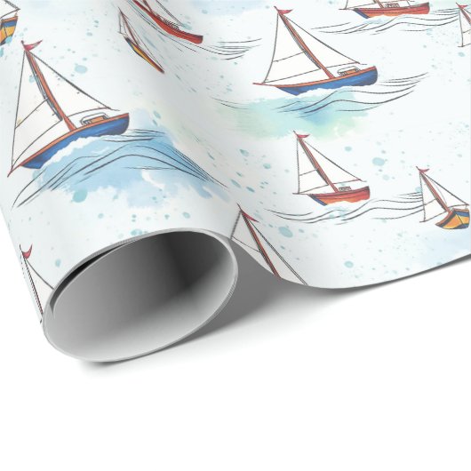 Serene Blue Red Sailing Boote auf Sea Pattern Geschenkpapier (Rolleneckpunkt)