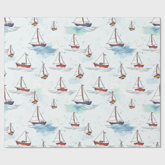 Serene Blue Red Sailing Boote auf Sea Pattern Geschenkpapier (Flach)