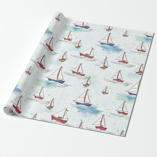 Serene Blue Red Sailing Boote auf Sea Pattern Geschenkpapier (Ungerollt)