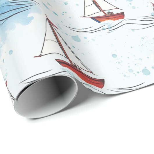 Serene Blue Red Sailing Boote auf Sea Pattern Geschenkpapier (Rolleneckpunkt)