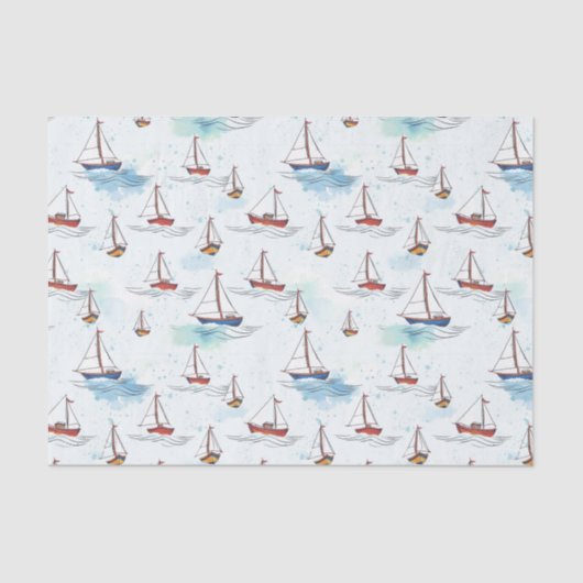 Serene Blue Red Sailing Boote auf Sea Pattern Seidenpapier (Vorderseite)