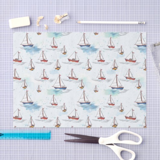 Serene Blue Red Sailing Boote auf Sea Pattern Seidenpapier (Handwerk)