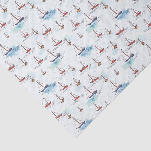 Serene Blue Red Sailing Boote auf Sea Pattern Seidenpapier (Ausschnitt)