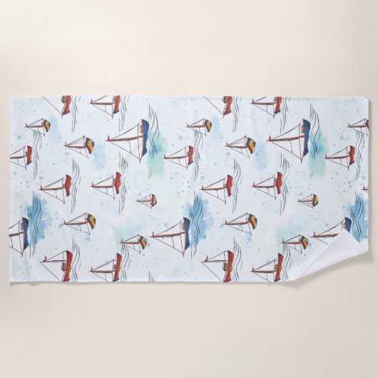 Serene Blue Red Sailing Boote auf Sea Pattern Strandtuch (Vorderseite)