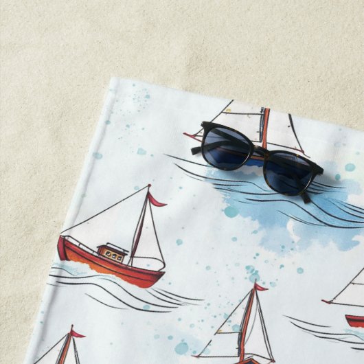 Serene Blue Red Sailing Boote auf Sea Pattern Strandtuch (Beispiel)