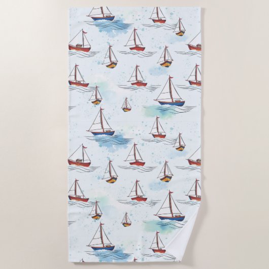 Serene Blue Red Sailing Boote auf Sea Pattern Strandtuch (Vorderseite)