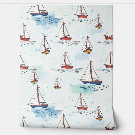 Serene Blue Red Sailing Boote auf Sea Pattern Tapete (Abrollen)