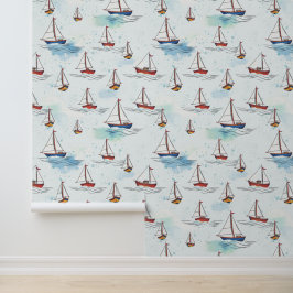 Serene Blue Red Sailing Boote auf Sea Pattern Tapete