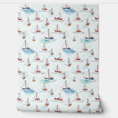 Serene Blue Red Sailing Boote auf Sea Pattern Tapete (Abrollen)