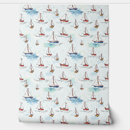 Serene Blue Red Sailing Boote auf Sea Pattern Tapete