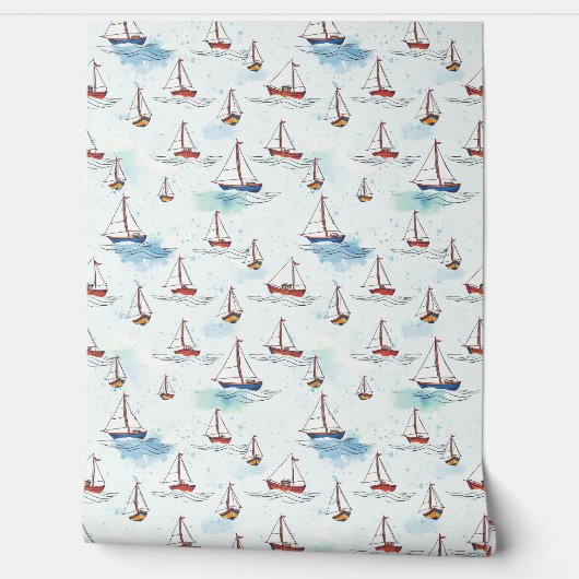 Serene Blue Red Sailing Boote auf Sea Pattern Tapete (Abrollen)