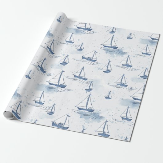 Serene Blue White Sailing Boote auf Sea Pattern Geschenkpapier (Ungerollt)