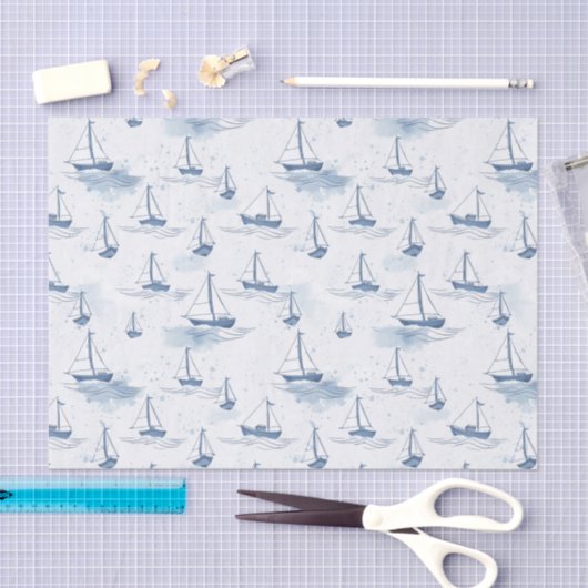 Serene Blue White Sailing Boote auf Sea Pattern Seidenpapier (Handwerk)