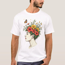 Serene Blüte - Blumenkopf Frau mit Schmetterling T-Shirt